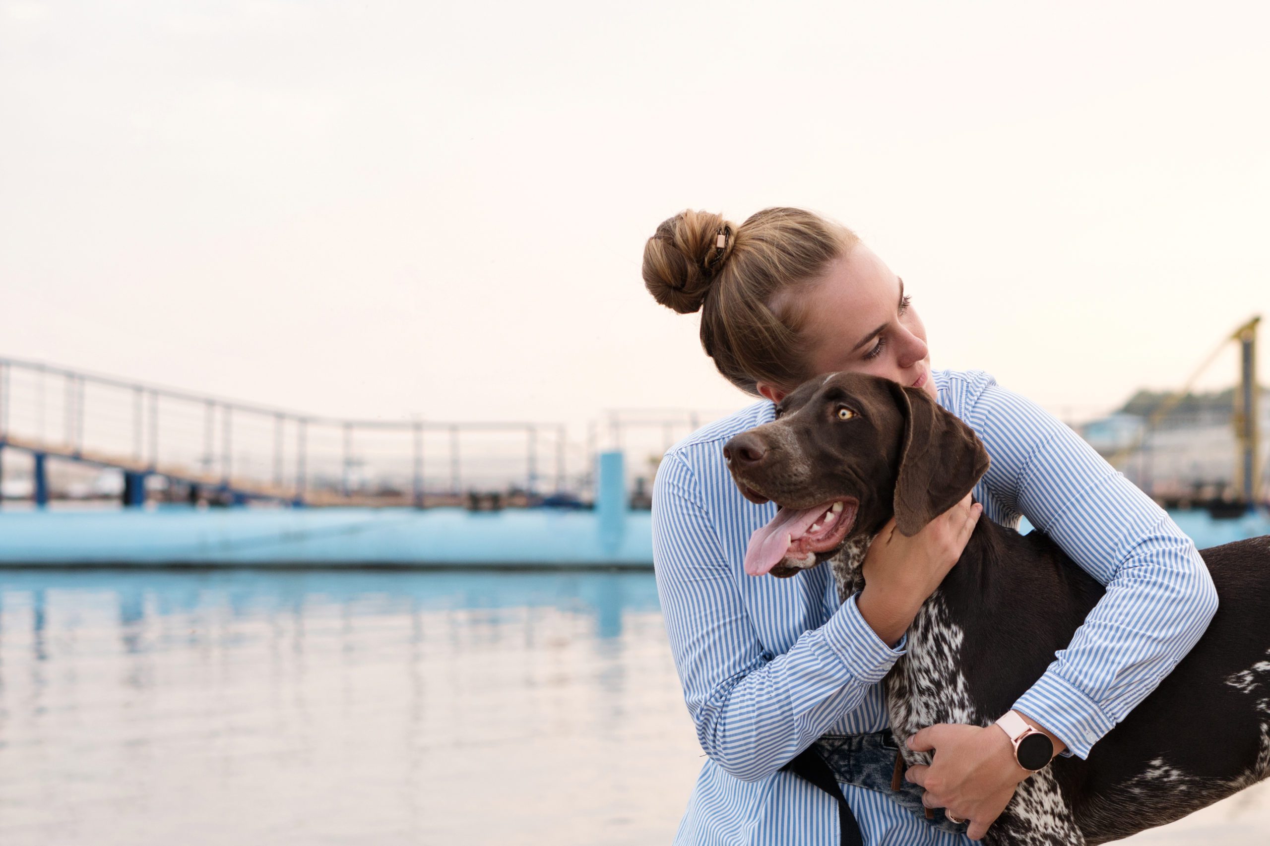 Best friends young woman and German Shorthaired Pointer sitting on by the river. Girl embracing his dog. Concepts of friendship, pets, togetherness
